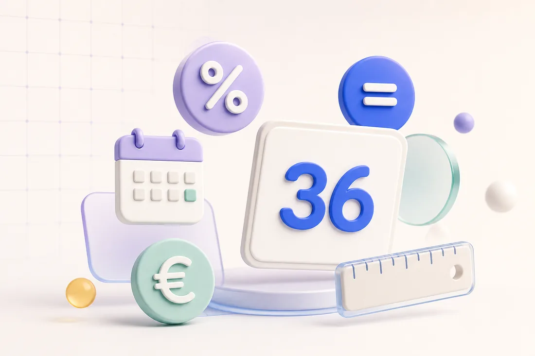 Composition illustrée avec les symboles pourcentage, égal et euro, un calendrier, une règle et le résultat 36.